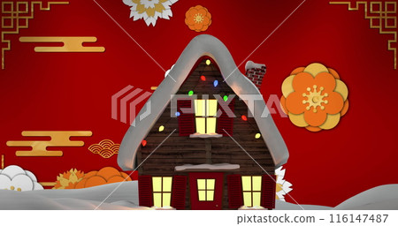 A composite of a gray background with a digitally generated image of a winter scene A composite of a gray background with a digitally generated image of a winter scene 116147487