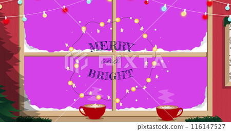 Image of merry and bright over window with snow on pink background 116147527
