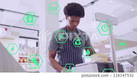 Image of icons and data processing over biracial man serving food in shop 116147532