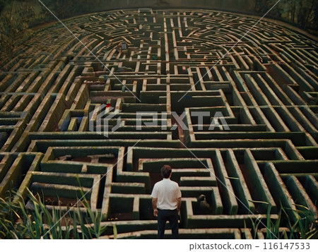 Businessman standing in the middle of a maze and looking at the exit 116147533