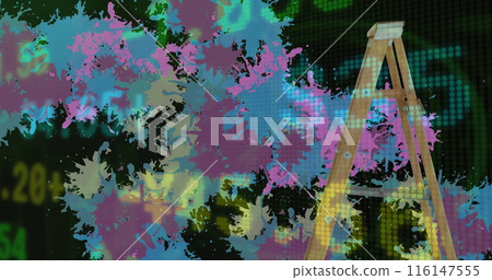 Image of stock market data processing against wooden step ladder and colorful paint stains 116147555