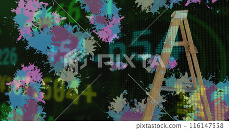 Image of stock market data processing against wooden step ladder and colorful paint stains 116147558
