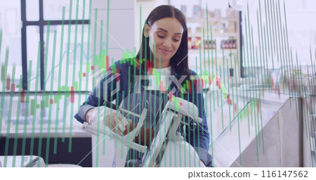 Image of numbers and data processing over biracial woman working in shop 116147562
