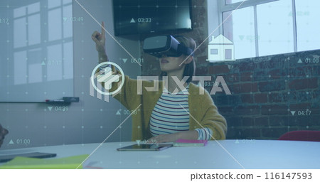 Image of financial data processing with icons over biracial businesswoman using vr headset Image of financial data processing with icons over biracial businesswoman using vr headset 116147593