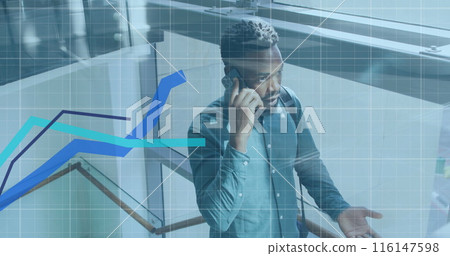 Image of financial data processing over african american businessman using smartphone Image of financial data processing over african american businessman using smartphone 116147598