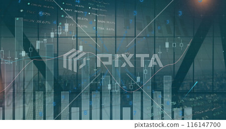 Image of financial data processing over cityscape 116147700