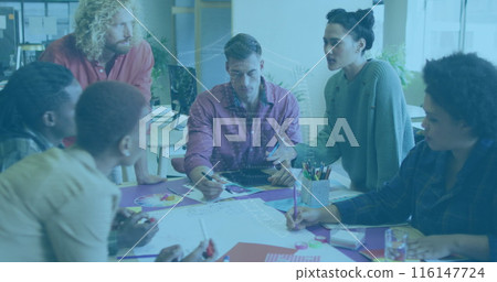 Diverse team of colleagues discussing business app design Diverse team of colleagues discussing business app design 116147724