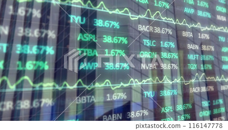 Image of statistical and stock market data processing against tall building Image of statistical and stock market data processing against tall building 116147778