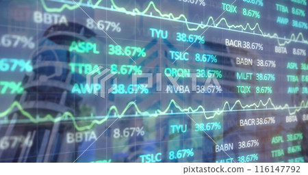 Image of statistical and stock market data processing against tall buildings 116147792