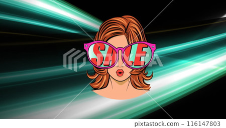 Image of woman wearing sunglasses with sale text over green light trails on black background Image of woman wearing sunglasses with sale text over green light trails on black background 116147803