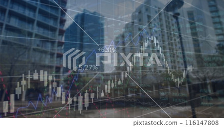 Image of financial and stock market data processing against tall buildings 116147808