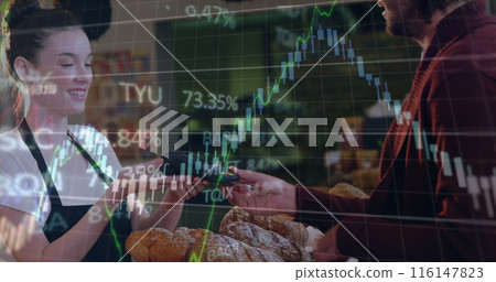 Image of data processing over mid section of caucasian man paying with credit card at a cafe Image of data processing over mid section of caucasian man paying with credit card at a cafe 116147823