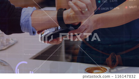 Image of data processing over mid section of man using smartwatch to make payment at a cafe Image of data processing over mid section of man using smartwatch to make payment at a cafe 116147832