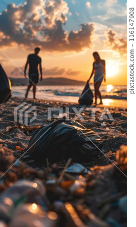Environmental activists converge on a littered sea beach, driven by passion and dedication, joining forces in a united effort to clean up, against the serene backdrop of a pristine shoreline 116147908