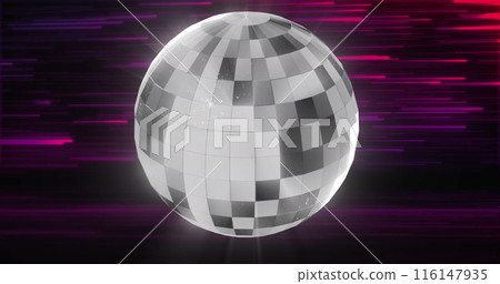 Image of disco ball over light trails on pink and purple light trails background Image of disco ball over light trails on pink and purple light trails background 116147935