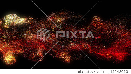 Image of multicolored particles forming dynamic waves against black background Image of multicolored particles forming dynamic waves against black background 116148010