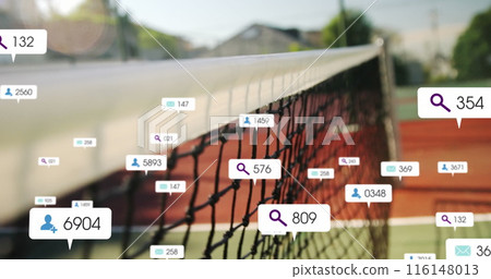 Image of changing numbers, icons in notification bars over tennis ball colliding with net Image of changing numbers, icons in notification bars over tennis ball colliding with net 116148013