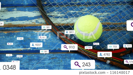 Image of multiple notification bars over tennis ball and racket on wooden table Image of multiple notification bars over tennis ball and racket on wooden table 116148017