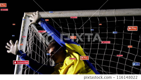 Image of multiple notification bars over biracial goalkeeper failing to stop goal Image of multiple notification bars over biracial goalkeeper failing to stop goal 116148022