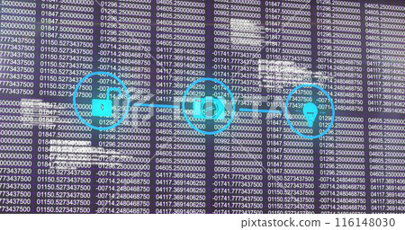Image of network of digital icons and data processing against blue background Image of network of digital icons and data processing against blue background 116148030