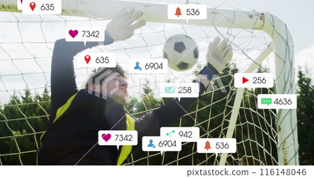 Image of notification bars over caucasian goalkeeper failing to stop goal Image of notification bars over caucasian goalkeeper failing to stop goal 116148046