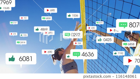 Image of notification bars over caucasian woman playing volleyball on beach against cloudy sky Image of notification bars over caucasian woman playing volleyball on beach against cloudy sky 116148061
