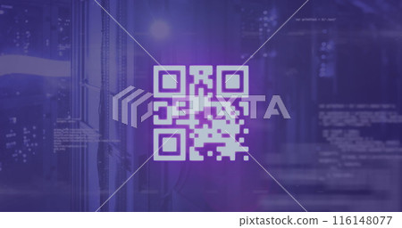 Image of qr code over computer language against server room in background 116148077
