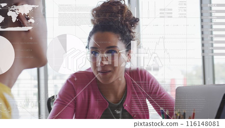 Image of infographic interface over diverse coworkers discussing strategies in office Image of infographic interface over diverse coworkers discussing strategies in office 116148081