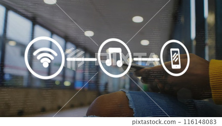 Image of flowchart of icons over midsection of african american man using smartphone Image of flowchart of icons over midsection of african american man using smartphone 116148083