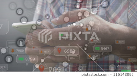 Image of social media icons floating over mid section of a man using smartphone Image of social media icons floating over mid section of a man using smartphone 116148095