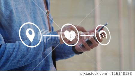 Image of flowchart of icons over midsection caucasian of man scrolling on smartphone Image of flowchart of icons over midsection caucasian of man scrolling on smartphone 116148128