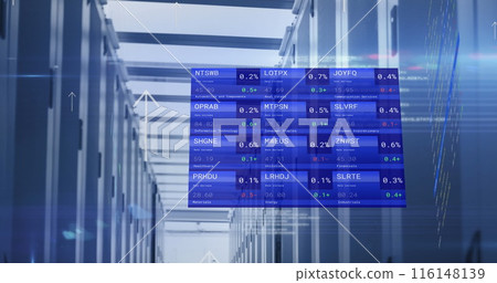 Image of computer servers, arrows and financial data processing 116148139