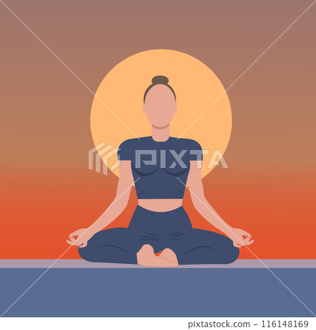 Girl in lotus position against sunset background 116148169