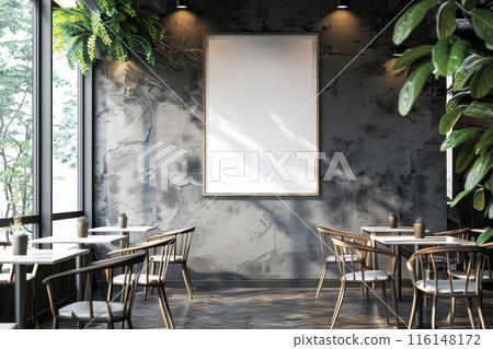 In a chic, modern cafe, a blank poster graces the wall, adding to the streamlined aesthetic and offering a canvas for creativity amidst the trendy, urban setting, mockup 116148172