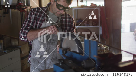 Image of people icons moving up over caucasian male mechanic using machinery in workshop 116148173