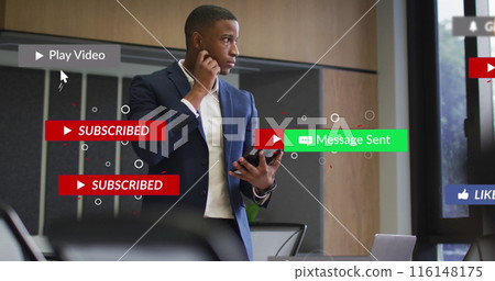Image of social media icons and numbers over african american businessman in office 116148175