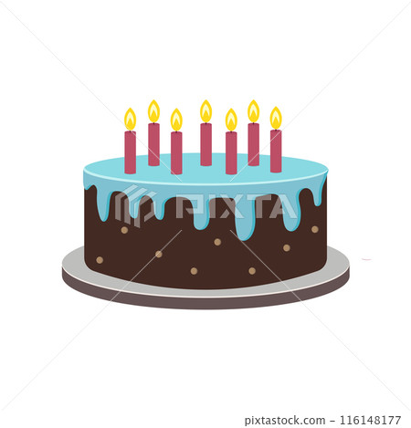 A chocolate birthday cake with blue frosting and candles is on the table 116148177