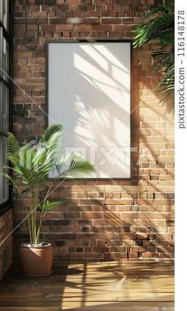 Inside a cafe, a blank poster on a brick wall basks in the beautiful sunlight, with warm rays enhancing the rustic charm and creating a peaceful, inviting ambiance, mockup 116148178