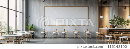 A blank poster on the wall of a modern cafe offers a sleek, minimalist touch, surrounded by stylish decor and contemporary furnishings, creating a clean and inviting atmosphere, mockup banner 116148190