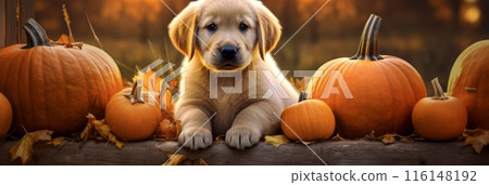A darling puppy frolics amidst a backdrop of vibrant pumpkins, its playful energy adding to the festive ambiance of the autumn scene, banner A darling puppy frolics amidst a backdrop of vibrant pumpkins, its playful energy adding to the festive ambiance of the autumn scene, banner 116148192