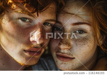 A close-up photo captures a freckled girl and a guy, their faces framed together, highlighting their unique features and the warmth of their connection 116148193