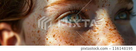 A natural portrait photo captures a girl with numerous freckles on her face, highlighting her unique features and personality in an authentic and unfiltered style, banner 116148195