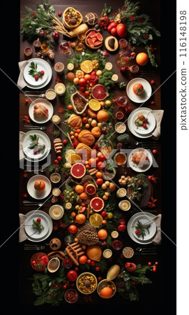 A Christmas table brimming with festive delights, glowing with candles, and adorned with seasonal decor, creating a warm and inviting atmosphere for cherished gatherings and merry celebrations 116148198