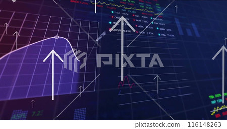 Image of up arrows, graphs, trading boards and computer language over black background Image of up arrows, graphs, trading boards and computer language over black background 116148263