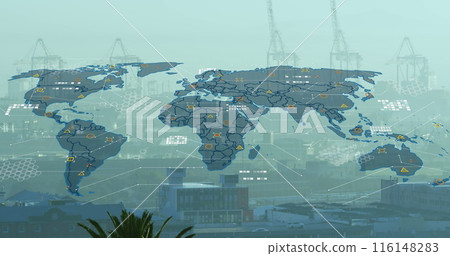 Image of data processing over world map against aerial view of cityscape 116148283