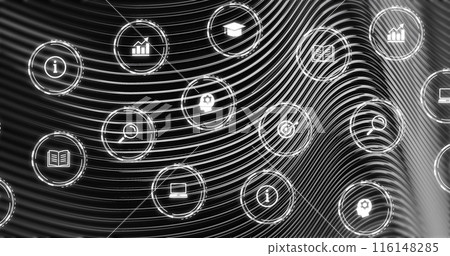 Floating digital icons over black background are displaying Floating digital icons over black background are displaying 116148285