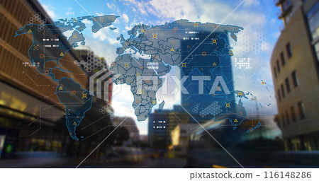 Image of circuit board pattern on map, low angle view of buildings and time-lapse of vehicles Image of circuit board pattern on map, low angle view of buildings and time-lapse of vehicles 116148286