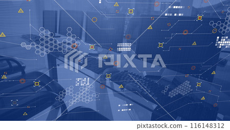 Data processing over computers on desks in empty office 116148312