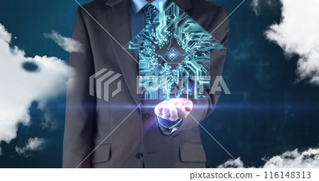 Caucasian male, middle-aged, holding glowing digital brain, wearing a dark suit 116148313