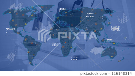 Image of world map and data processing against office desk 116148314